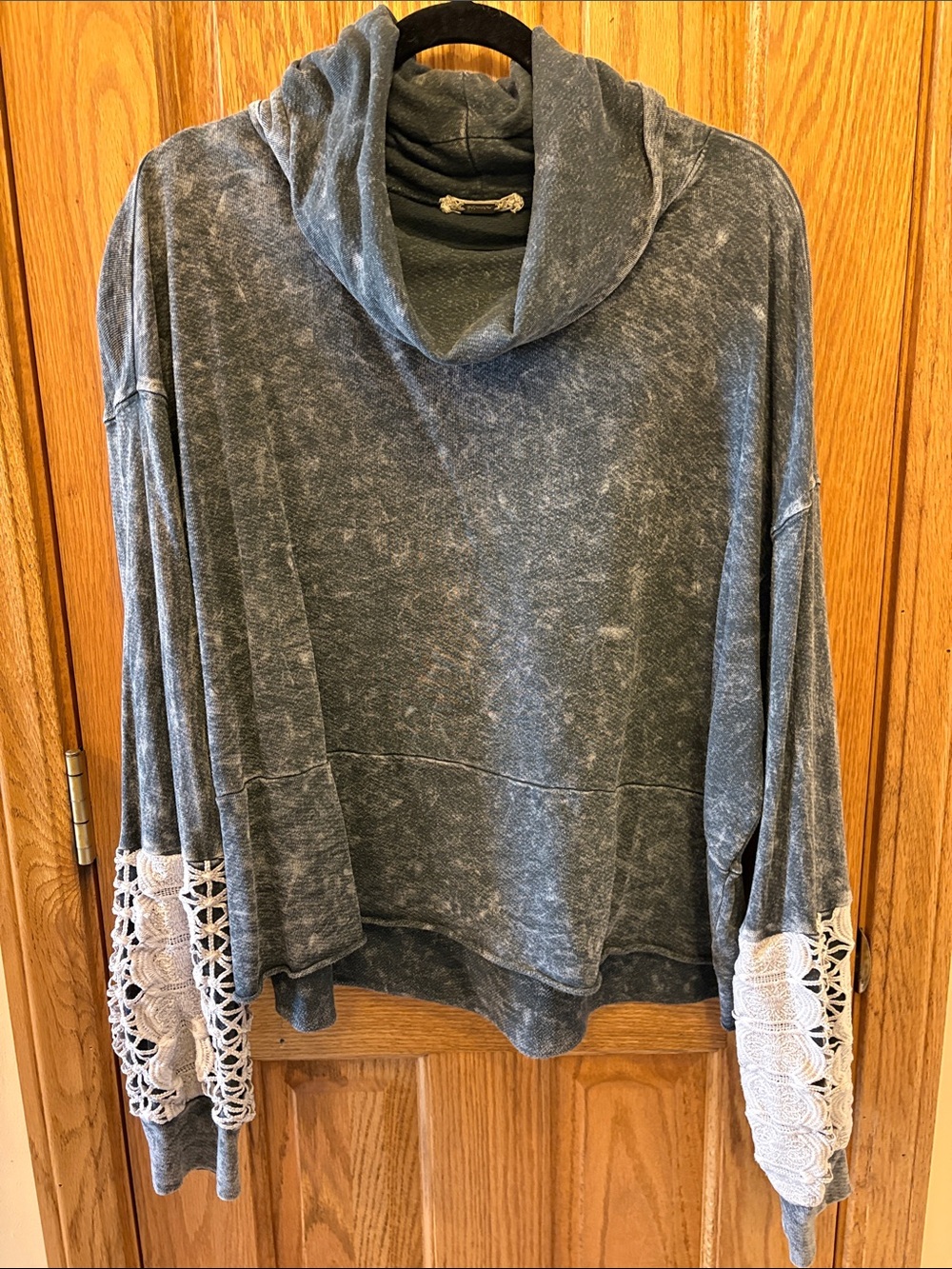 gimmicks by BKE Gray Washed Cowl Neck Sweatshirt with White Crochet Sleeves